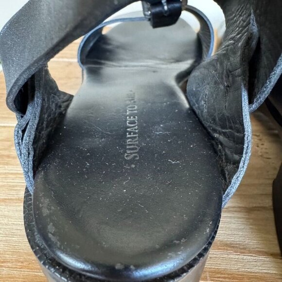 Surface to Air Black Leather Double Ankle Wrap Silver Buckle Block Heel Sandal - Picture 10 of 15